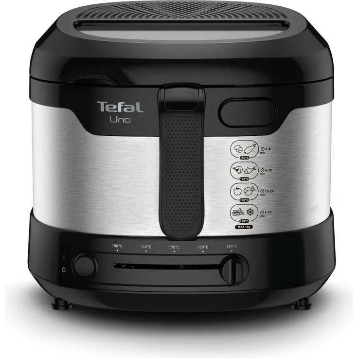 Tefal FF215D Uno M Fritteuse, mit Öl, 1600 Watt, Kapazität: 1 kg, , 1,8 Liter, einstellbares Thermostat, Sichtfenster, Abtropfposition Edelstahl-Schwarz