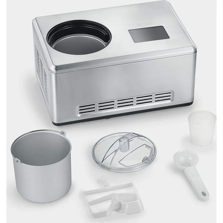Severin EZ 7406 2-in-1 Eismaschine mit Joghurtfunktion, Eismaschine mit Joghurtfunktion, 180W, inkl. 2 Eisbehälter je 2-Liter,Rezeptbuch, Digitaler Timer, Deckelöffnung, silber – Bild 4