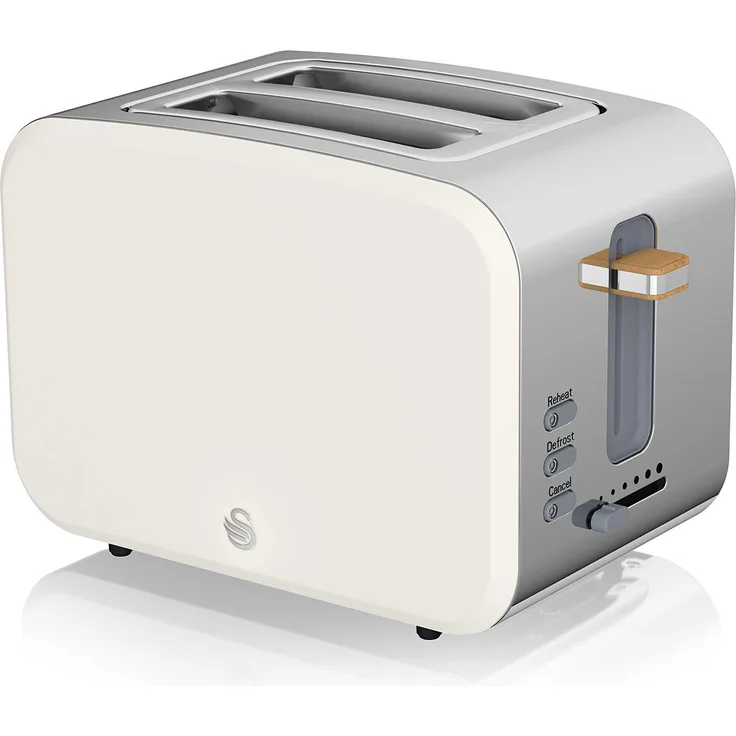 Swan Nordic Breitschlitz-Toaster mit 2 Scheiben, 3 Funktionen, 6 Bräunungsstufen, modernes Design, Edelstahl, Griff in Holzoptik, weiß matt