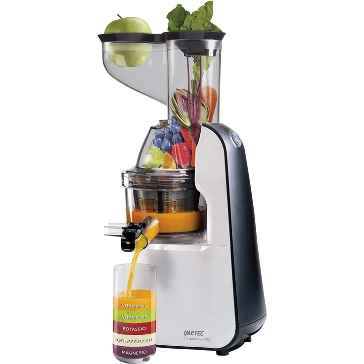 Imetec Succovivo Pro 2000 Professioneller Kalt Entsafter mit langsamer Presse, 48 U-min, 2 Filter für Saft, Zubehör für Granite und Sorbetti, Set für Schönheitsmasken mit zwei Rezeptheften