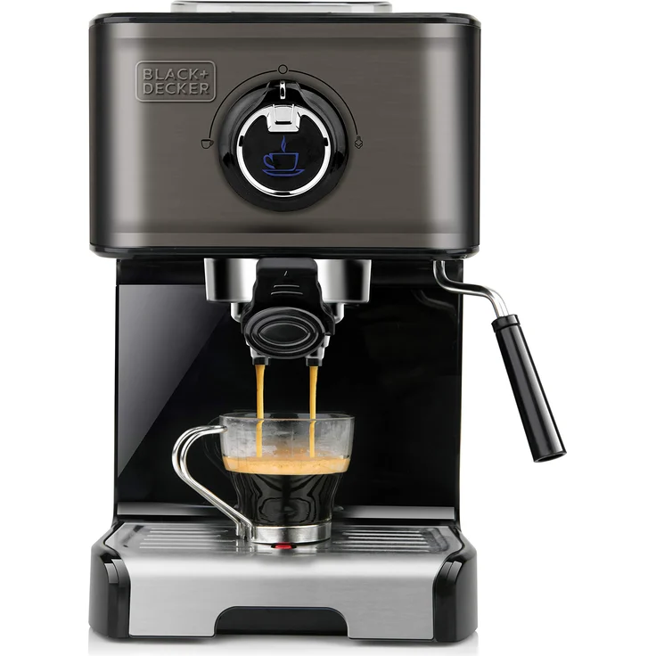 Black+Decker BXCO1200E - Espressomaschine, 15 Bar, 1.200W, Thermoblock-Schnellerhitzung, Milchaufschäumer, gemahlener Kaffee oder Kaffepads, Edelstahl, schwarz – Bild 1
