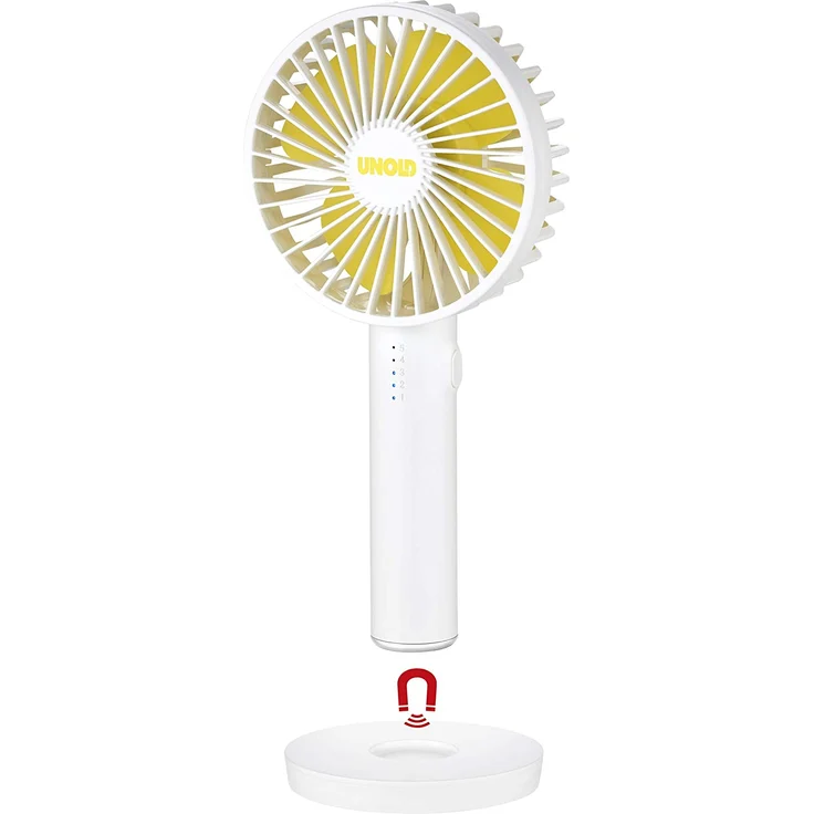 Unold 86620 HANDVENTILATOR Breezy II White, 5-stufige Geschwindigkeitsregelung, LED-Kontrollleuchten und bis zu 8 Stunden Akkubetrieb – Bild 4