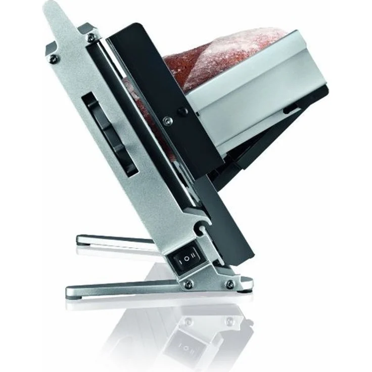Graef Una 9 mobiler Allesschneider, 170W, elektrisch, Moment- und Dauerfunktion Aluminiumschlitten, 170 mm gezahntes Edelstahlmesser, silber – Bild 2