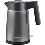 Bosch TWK5P475 DesignLine kabelloser Wasserkocher, Ausgießen ohne Spritzer, Tassenanzeige, extra große Wasserstandsanzeige, Überhitzungsschutz, 1,7 L, 2400 W, grau