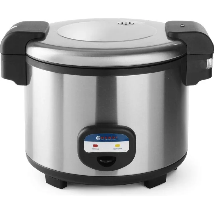 HENDI Reiskocher, Reishunger, Warmhaltefunktion, 30 Tassen Trockenreis, Inhalt 5,4L, Inklusive Messbecher, Reislöffel und Silikon-Antihaftpolster, 230V, 1950W, 455x455xH380mm, Edelstahl