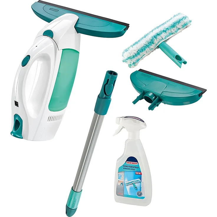 Leifheit Fenstersauger Set Dry and Clean mit Stiel und Einwascher für 360° streifenfreie Reinigung, Fensterreiniger verwendbar bis zu 35 min, Fensterputzer mit Stand-by-Automatik und Click-System