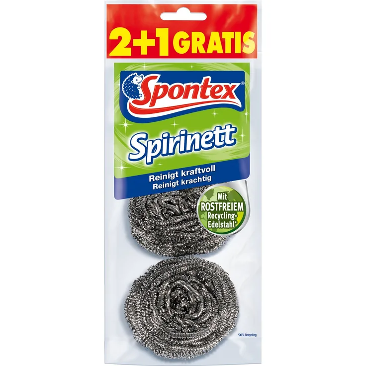 Spontex Spirinett Edelstahlspiralen, ideal für hartnäckigen Schmutz in Töpfen und Pfannen, aus rostfreiem Recycling-Edelstahl (1 x 3 Stück)