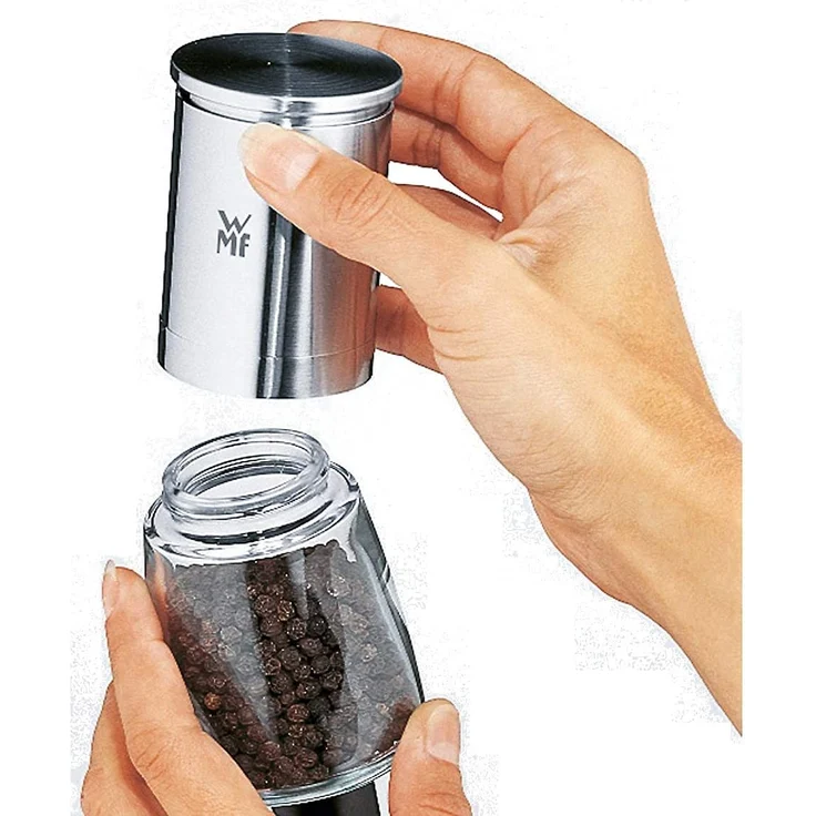 WMF De Luxe Salz und Pfeffermühle Set 3-teilig befüllt, Cromargan Edelstahl, Glas, Keramikmahlwerk, Mühle für Salz, Pfeffer, Chillischoten – Bild 2