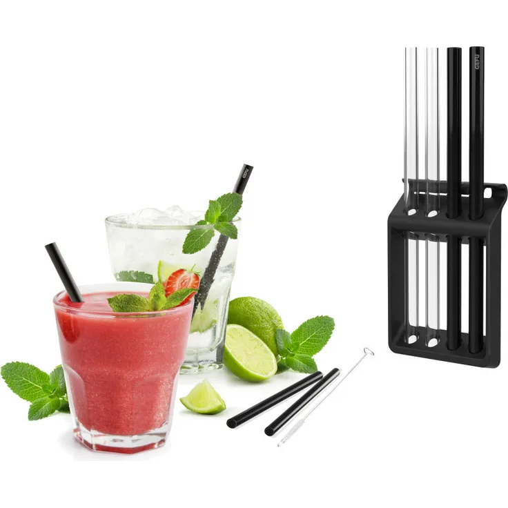 Gefu Glastrinkhalm-Set Future mit Trinkhalm-Spülkorb und Bürste, 4 Halme, Borosilikatglas, Schwarz, 13 cm, 00175