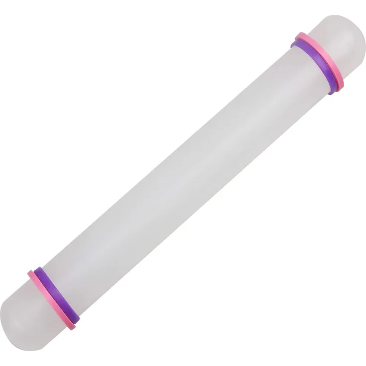 Dr. Oetker Ausrollstab 23cm, Küchenhelfer für gleichmäßiges Ausrollen von Fondant, Marzipan und Blütenpaste, inklusive 4 Silikon-Distanzringen, (Farbe: weiß-lila-rosa), Menge: 1 Stück