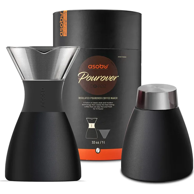 Asobu Kaffeekocher, isoliert, ca. 90 ml, Schwarz Doppelwandiges Vakuum, Edelstahlfilter, hält bis zu 12 Stunden heiß