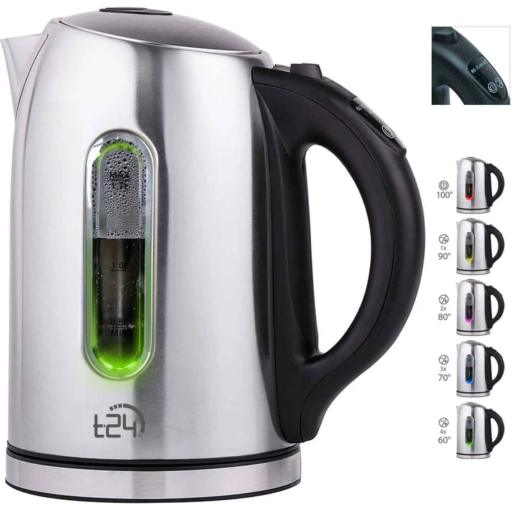 T24 Wasserkocher 2200W, Edelstahl, 1,7L, LED, 60 - 100 °C, Warmhaltefunktion, edelstahl - Preisvergleich – Bild 1
