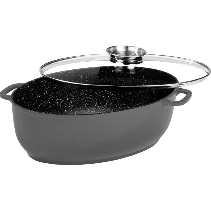 STONELINE Gourmet 38 x 26cm, oval, mit Aroma-Glasdeckel, induktionsgeeignet Bräter, Aluguss, Grau, 38 cm, 2-Einheiten