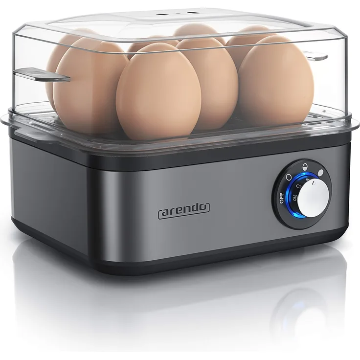 Arendo Eierkocher Edelstahl für 1 bis 8 Eier - Egg Cooker - 500 W ? Kontroll Leuchte ? Drehregler für drei Härtegrade - spülmaschinengeeignet | Cool Grey
