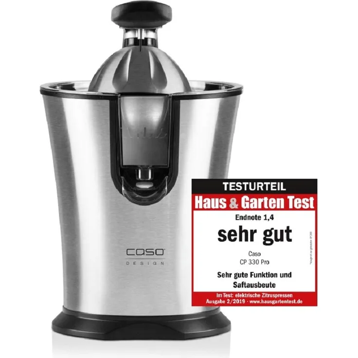 CASO CP 330 Pro - Design Zitruspresse, elektrische und kraftvolle Zitronenpresse mit Universal-Presskegel aus Edelstahl, für alle gängigen Zitrusfrüchte, praktische Startautomatik, BPA-Frei