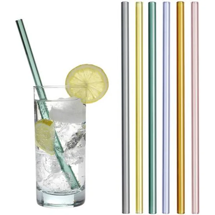 TFA Dostmann farbige Trinkhalme, 14.2019.06 spülmaschinengeeignet, aus hochwertigen und stabilem Glas inkl. Reinigungsbürste, Rosa, Orange, Lila, Gelb, Grün, Dunkelgrau