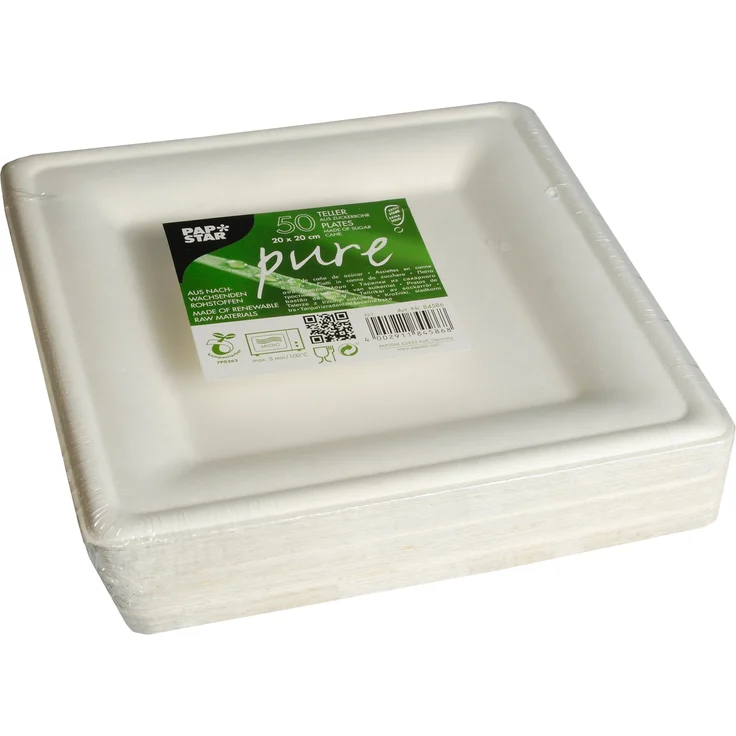 Papstar Pappteller Einwegteller weiß, eckig pure (50 Stück) aus Zuckerrohr, 20 x 20 cm, geeignet für festliche Anlässe wie Geburtstage & Feiern, biologisch abbaubares Einweggeschirr – Bild 1