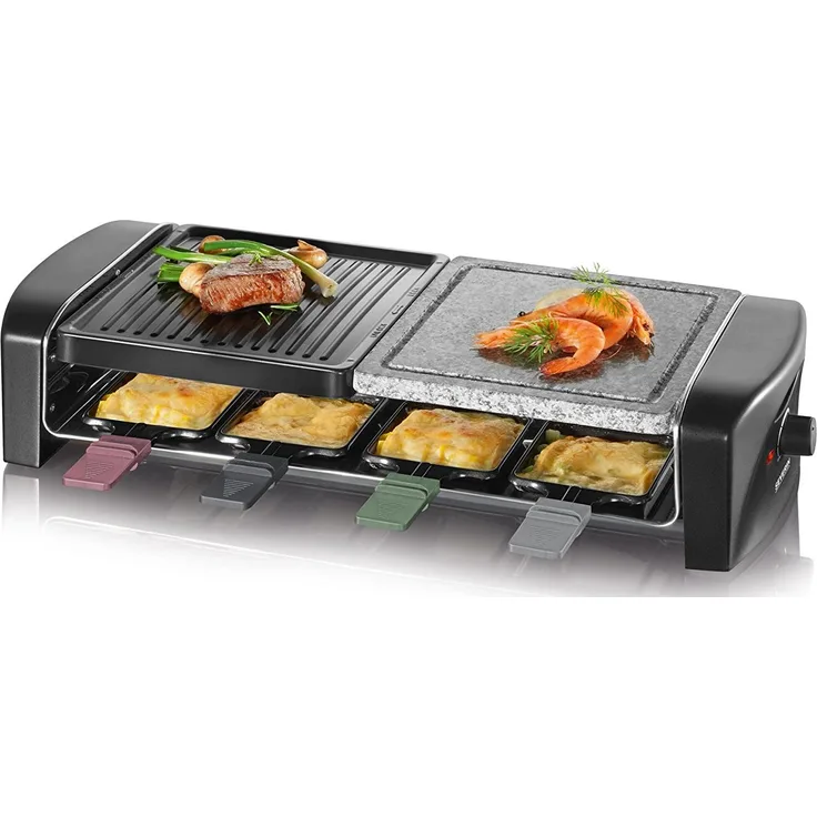 SEVERIN Raclette-Grill mit Naturgrillstein und Gussplatte, ca. 1.400 W, Inkl. 8 Pfännchen, RG 9645