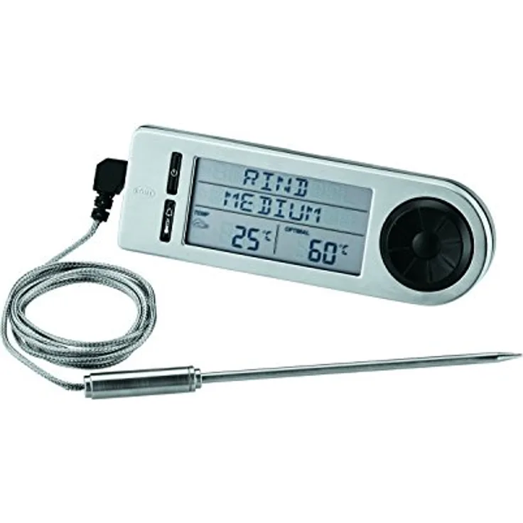 RÖSLE Bratenthermometer digital, Edelstahl 18-10, 14,5 cm, 5 Garstufen, bis 250 °C, Magnethalterung