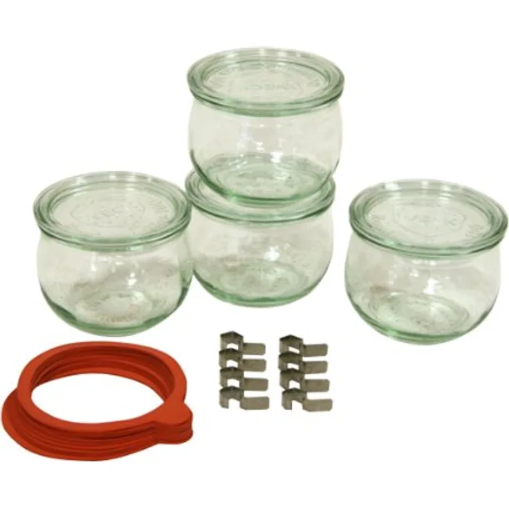 Weck Einkochgläser-Set - Einkochglas 4 Stück a 0,5 Liter - Einweckglas-Set mit Gummiring 5 Stück - Einwegglas mit Klammern 8 Stück - Einwegglaeser-Set mit Deckel - Sturzglas spülmaschinengeeignet