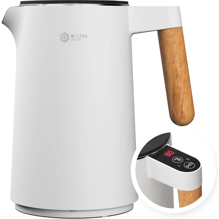 BALTER WK-08-WH Edelstahl-Wasserkocher, 2200W, 1,5L, doppelwandig, kabellos, Warmhaltefunktion, weiß
