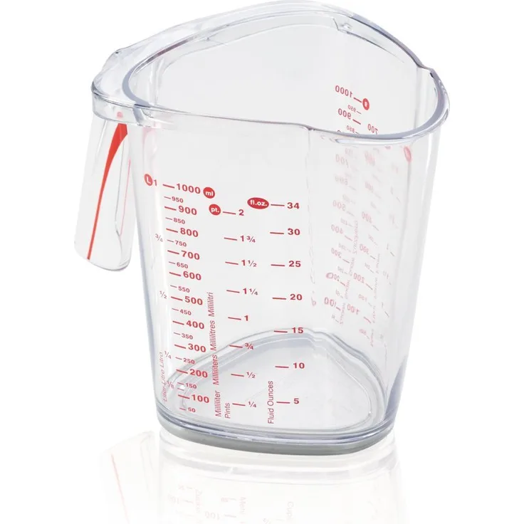 Leifheit Messbecher 1L, mit mehrsprachigen Messskalen für Mehl, Zucker und Flüssigkeiten, gummierter Boden, spülmaschinengeeignet, ideal zum Backen und Kochen, measuring cup, Messkanne