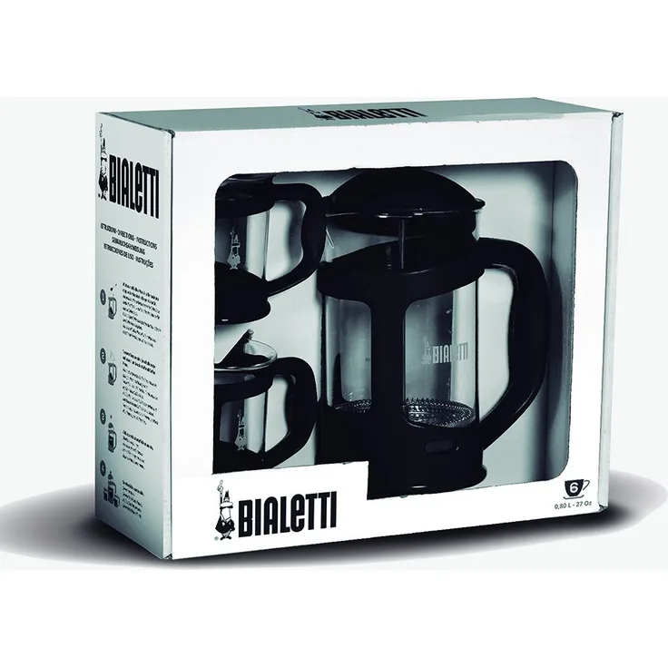 Bialetti Kaffebereiter Set mit 2 Tassen, Glas, Schwarz, 20 cm cm, 3-Einheiten