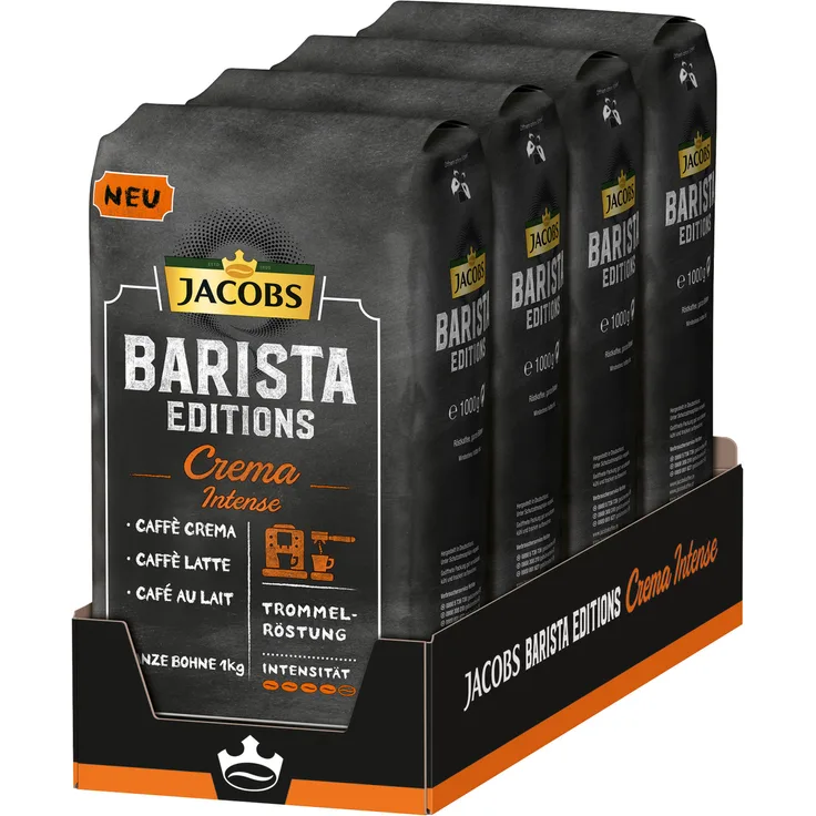Jacobs Barista Editions Crema Intense, Bohnenkaffee, ganze Bohnen, Röstkaffee, Kaffeebohnen, 4 x 1000 g