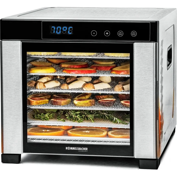 Rommelsbacher Dörrautomat DA 900, große Dörrfläche 0,6 m², inkl. 6 Edelstahl-Dörrtabletts, 1 Dörrgitter, 1 Dörrmatte, LED-Display, 24 Std. Zeitschaltuhr, Temperatur einstellbar 35 °C - 75 °C