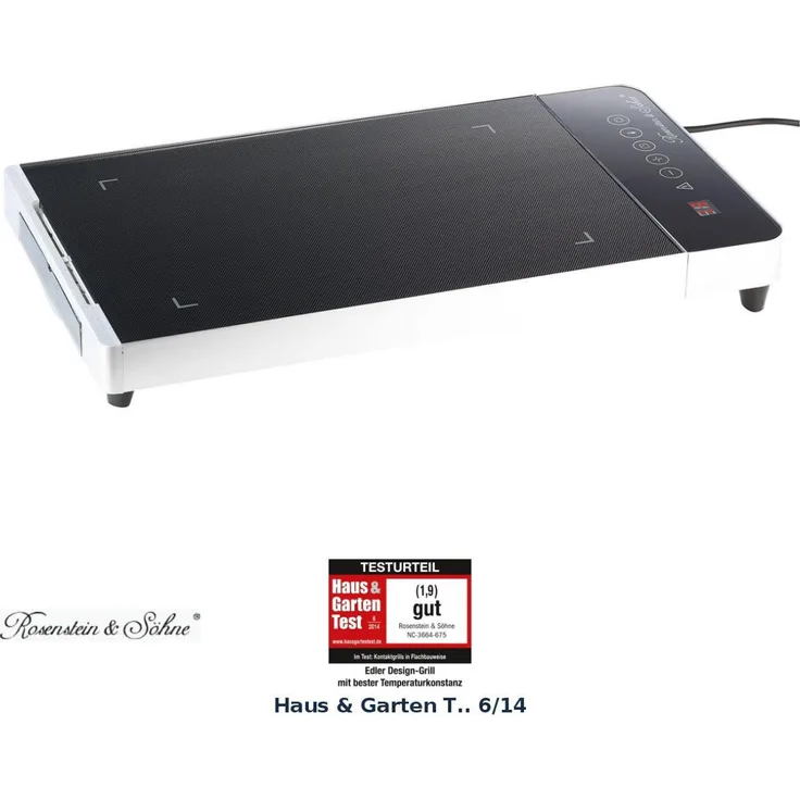 Rosenstein & Söhne Ceran Grill PREMIUM Tisch Glasgrill mit Touchpad und Timer, 800W, schwarz, weiß