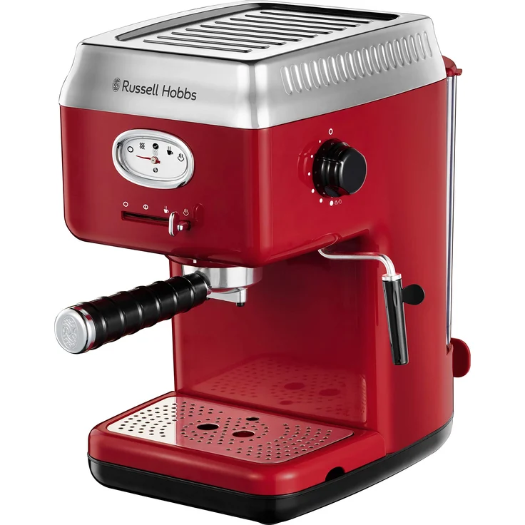 Russell Hobbs Espressomaschine Retro Rot Siebträger (15 Bar, 2 Tassen-Einsätze, 1,1l abnehmbarer Wassertank, Dampf-Milchschaumdüse, Portionierlöffel mit Tamper) Kaffeemaschine, 28250-56 – Bild 1