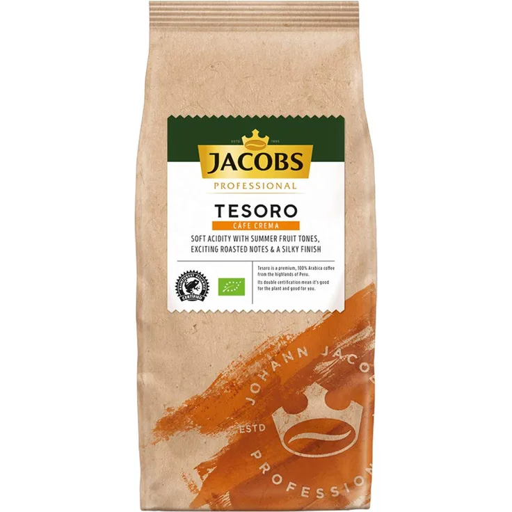Jacobs Professional Tesoro Café Crema, 1kg Bohnenkaffee, ganze Bohne, angenehm leichter Geschmack, feine Crema, 100% Arabica, Bio- und Rainforest Alliance zertifiziert