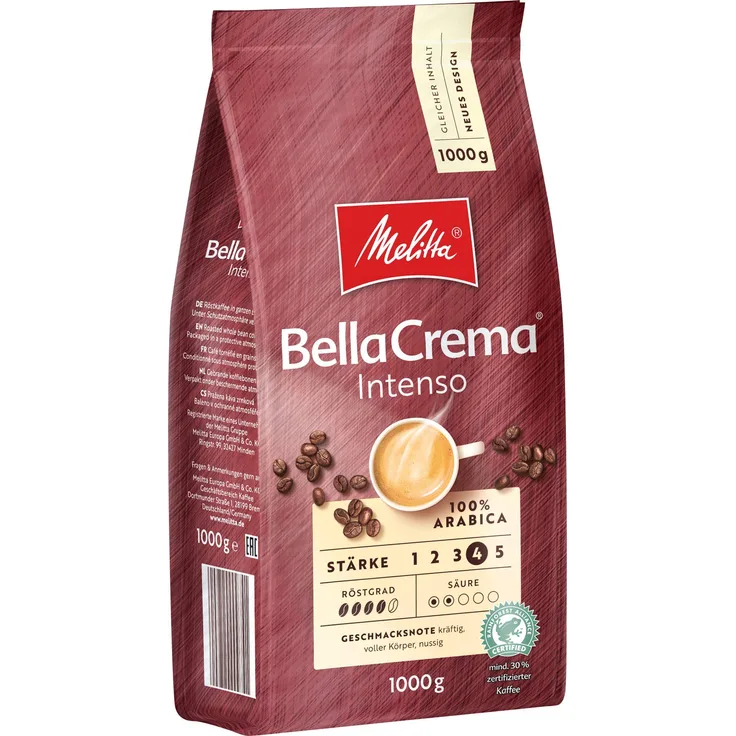 Melitta Ganze Kaffeebohnen, 100 % Arabica, starkes Aroma, intensiver Geschmack, Stärke 4, BellaCrema Intenso, 1 kg