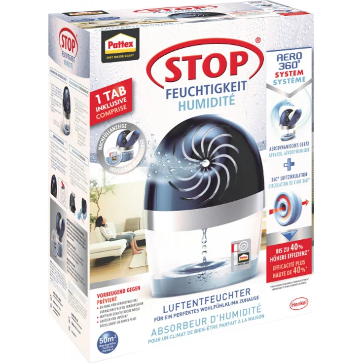 Pattex Stop Feuchtigkeit AERO 360° Luftentfeuchter, hocheffizienter Raumentfeuchter, nachfüllbarer Luftentfeuchter reduziert Feuchtigkeit, Gerüche & Schimmel, 1 Gerät inkl. 450g Tab – Bild 1