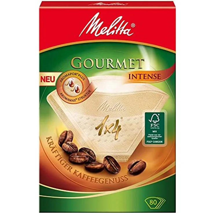 Melitta 1x4 Gourmet Filtertüten, Intense, Aromamax Struktur, Naturbraun, (1 x 80 Stück)