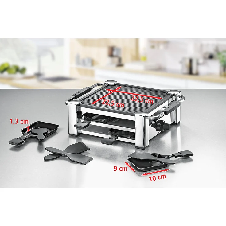 Rommelsbacher RCC 1000 Raclette-Grill Tischgrill, für 4 Personen, gerippte Alu-Druckguss-Grillplatte mit Xylan Plus Antihaftbeschichtung, Parkdeck, 4 Pfännchen, 4 Schaber, 1000 W chrom – Bild 3