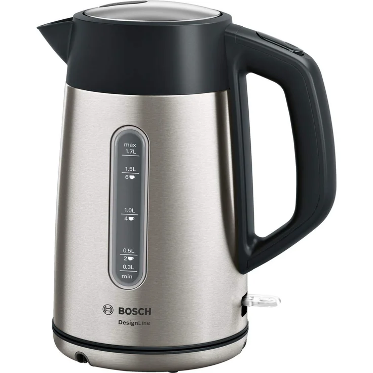 Bosch TWK4P440 DesignLine kabelloser Wasserkocher, Ausgießen ohne Spritzer, Tassenanzeige, Wasserstandsanzeige, Überhitzungsschutz, 1,7 L, 2400 W, Edelstahl-schwarz – Bild 1
