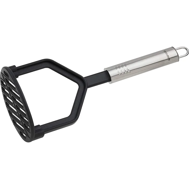 FACKELMANN Kartoffelstampfer 25 cm OVALGRIFF, Kartoffelpresse für beschichtete Pfannen und Töpfe, Küchenhelfer aus hochwertigem Edelstahl und Kunststoff (Farbe: Silber Schwarz), Menge: 1 Stück