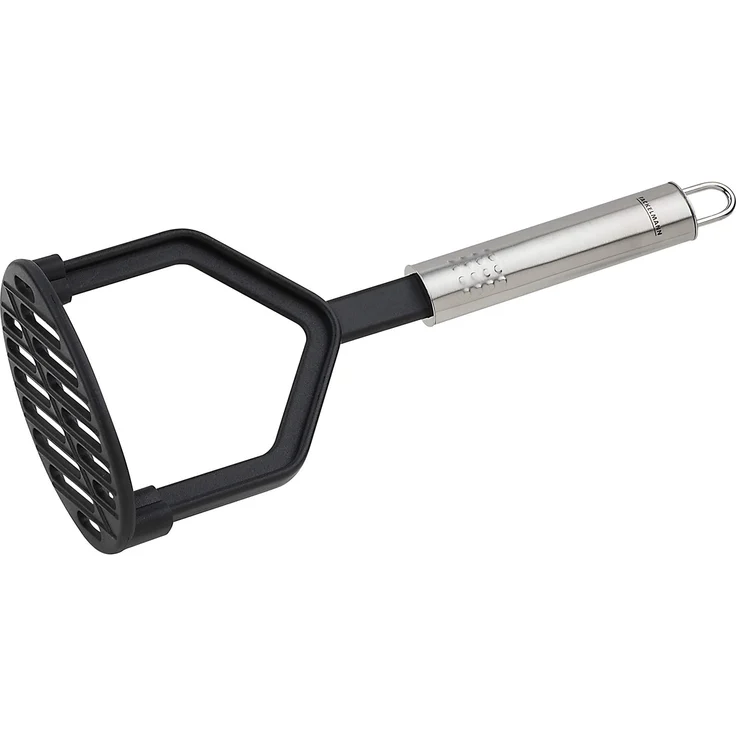 FACKELMANN Kartoffelstampfer 25 cm OVALGRIFF, Kartoffelpresse für beschichtete Pfannen und Töpfe, Küchenhelfer aus hochwertigem Edelstahl und Kunststoff (Farbe: Silber Schwarz), Menge: 1 Stück
