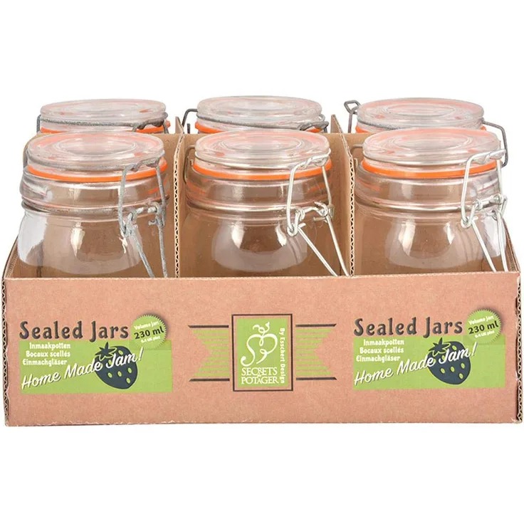 Esschert Design Einmachgläser 6er Set mit Bügelverschluss, 230 ml Größe L, Marmeladen Gläser zum Einkochen, Bügel Glas mit Einmachring