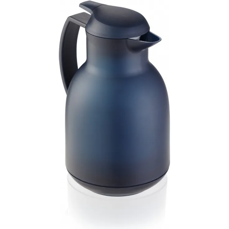 Leifheit Bolero 1, 0 L Isolierkanne, 100% dicht, Thermoskanne mit doppelwandigem Vakuum-Glaskolben, praktisches Öffnen und Schließen mit einer Hand, Kaffekanne, Teekanne, blau, gefrostet