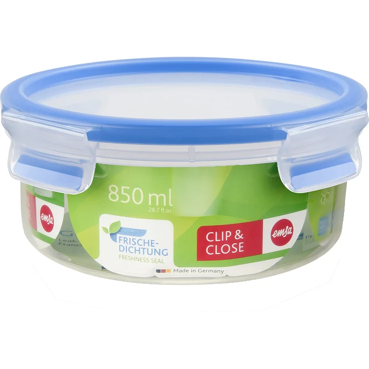Emsa 508552 Runde Frischhaltedose mit Deckel, 0.85 Liter, Transparent-Blau, Clip & Close – Bild 1