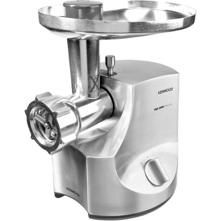 Kenwood Fleischwolf MG700, 3 Edelstahl Lochscheiben, 2 Wurstfüll-Aufsätze, 1 Kebbe-Aufsatz, große Einfüllschale aus Metall mit Abdeckhaube, Metallgehäuse, 2000 Watt, silber – Bild 1