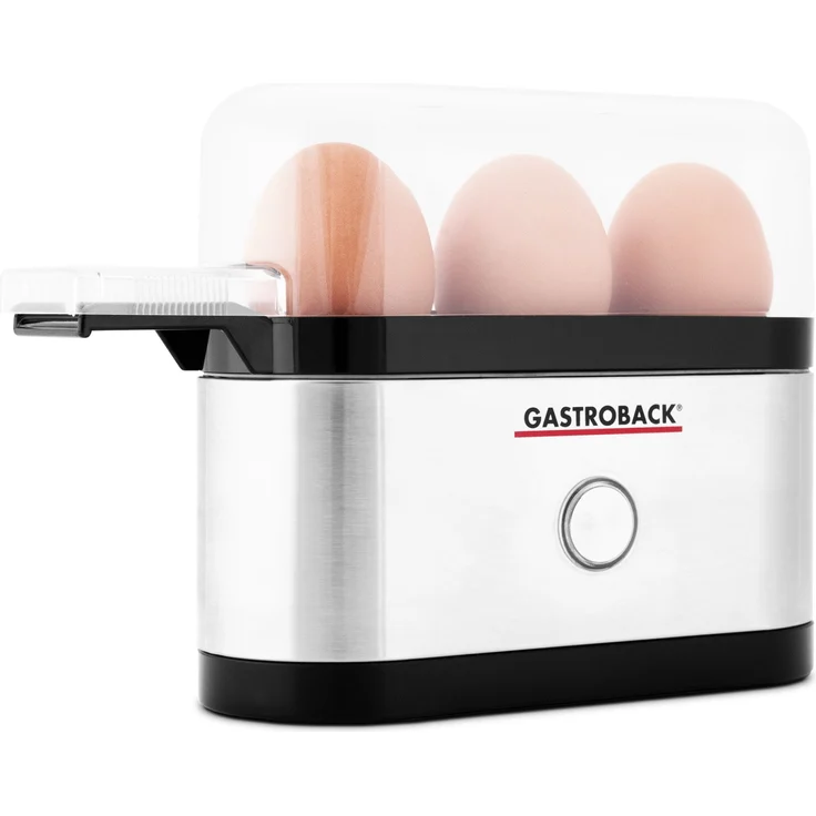 GASTROBACK #42800 Design Eierkocher Mini, für bis zu 3 Eier, inkl. Meßbecher mit Skala, 350 Watt, Schwarz, Edelstahl – Bild 1