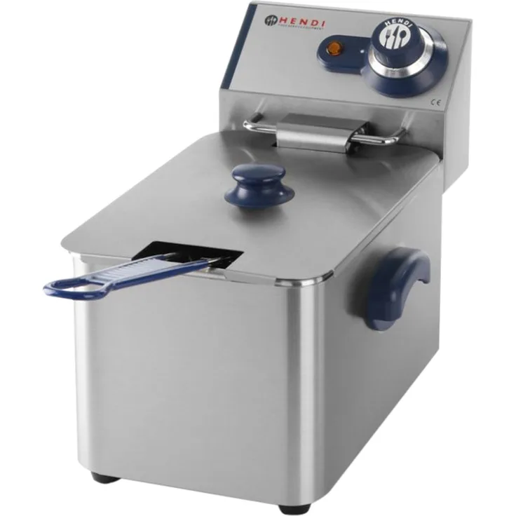 HENDI Fritteuse, Friteuse, Fritöse, einstellbar bis 190°C, Kaltzone, mit Frittierkorb und Deckel, Entnehmbar Becken, Sicherheitsthermometer, 4L, 230V, 3000W, 217x380x(H)300mm, Edelstahl
