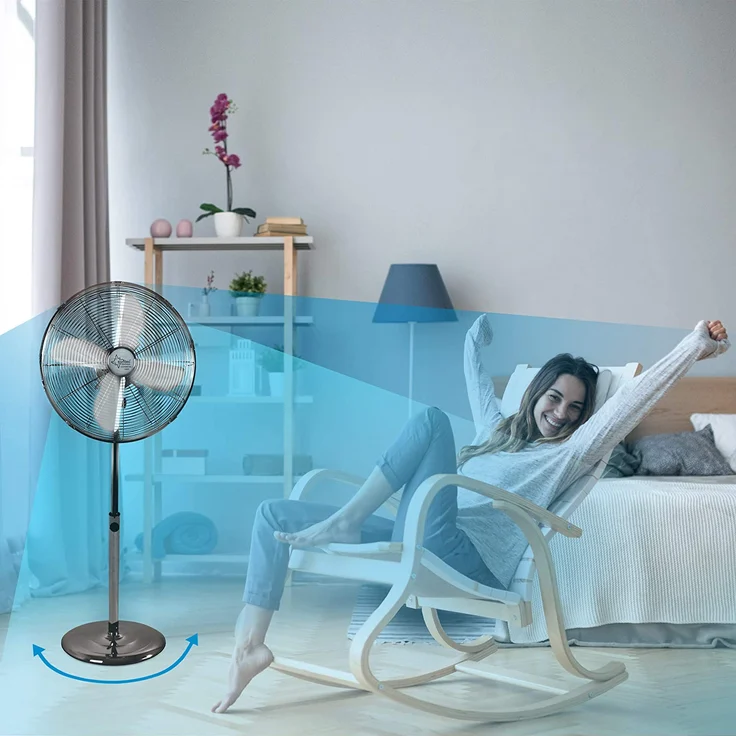 Ventilator Leise | Standventilator CoolBreeze 4000 | 40 cm Durchmesser, 50 Watt | Stand Fan Windmaschine Metall Chrom | für Bett, Schlafzimmer, Büro, Wohnung, Balkon, Terrasse | von SUNTEC – Bild 6