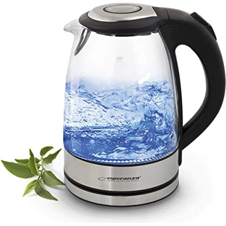 Esperanza Glas Edelstahl Wasserkocher 1,7 Liter 2200W kabellos LED Beleuchtung blau neu