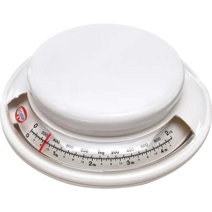 Dr. Oetker Backwaage Ø 17 cm, analoge Haushaltswaage, Waage für präzises Abwiegen, Küchenwaage mit Zuwiegefunktion (Farbe: weiß)