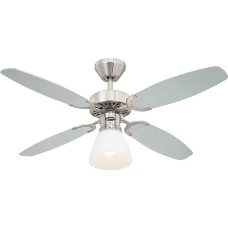 Westinghouse Lighting Deckenventilator mit Beleuchtung, metall, E27, 60 W, Ausführung in gebürstetem Stahl mit Wendeflügeln in Silber-Schwarz, 105 x 105 x 44 cm