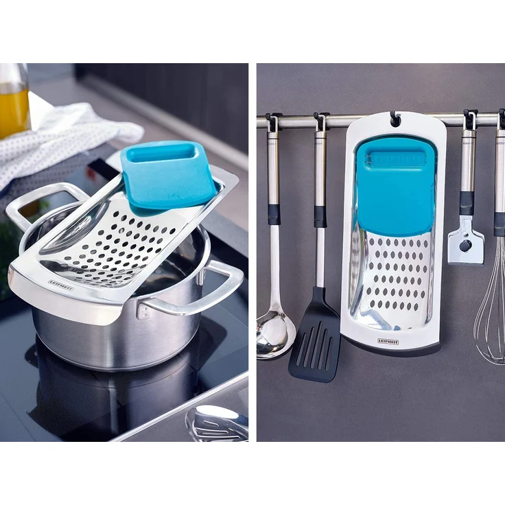 Leifheit Spätzlehobel, Spätzlepresse aus rostfreiem Edelstahl mit Kunststoff Teigkarte, spülmaschienenfester Spätzleschaber, passend für alle Töpfe mit Durchmesser 18 bis 28cm, Spätzlereibe – Bild 2